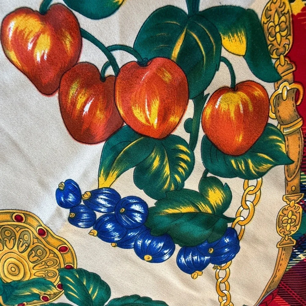 Vintage Red Plaid Fruit Chain Print Square Scarf Made in Italy RN 14750 34x34
